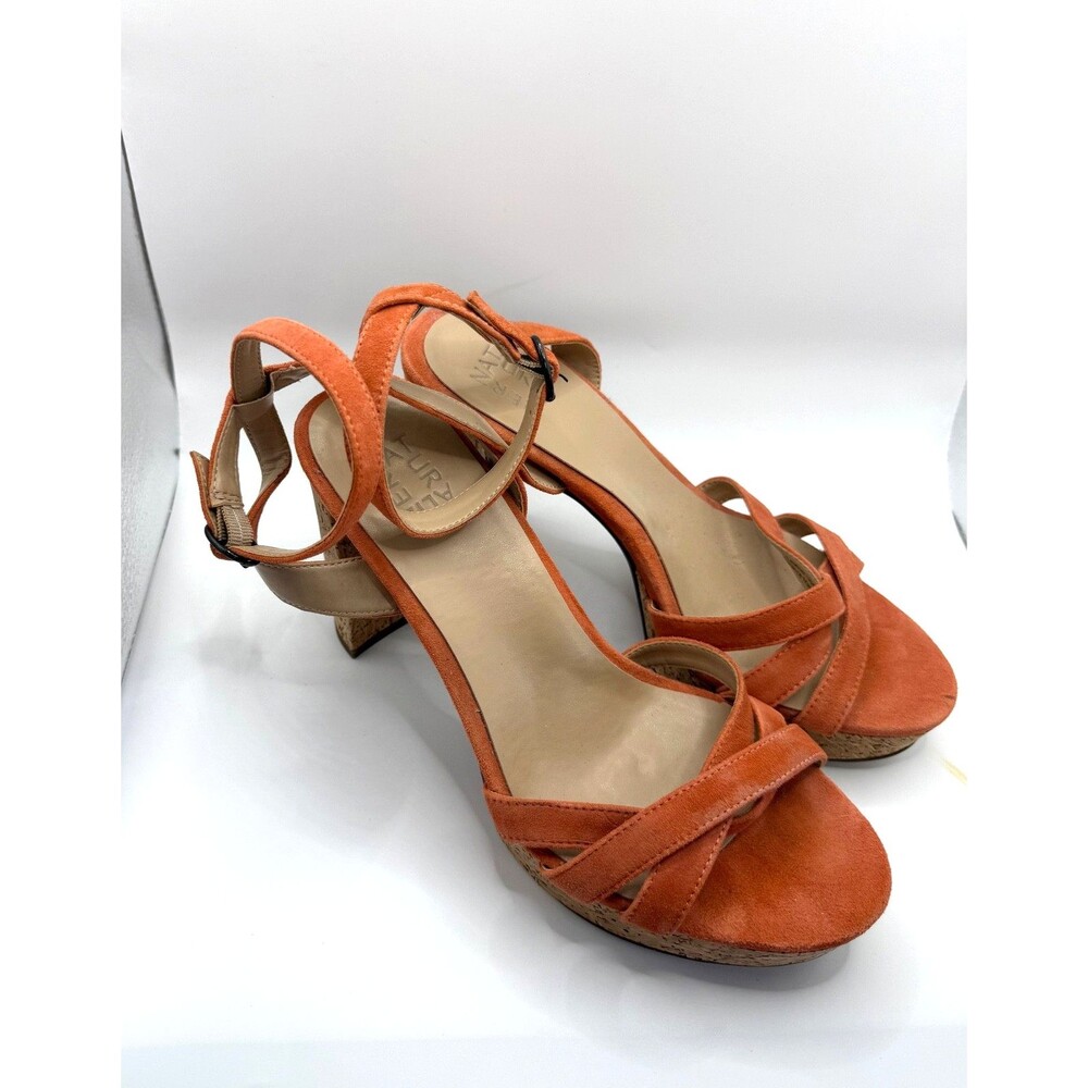 Naturalizer Mallory Platform Sandals Womens 10W Orange Suede Strappy Retro Heels - Picture 3 of 9
